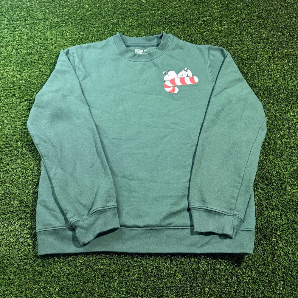 Peanuts Snoopy Christmas Sweatshirt Green Candy Cane Graphic Crewneck Medium
